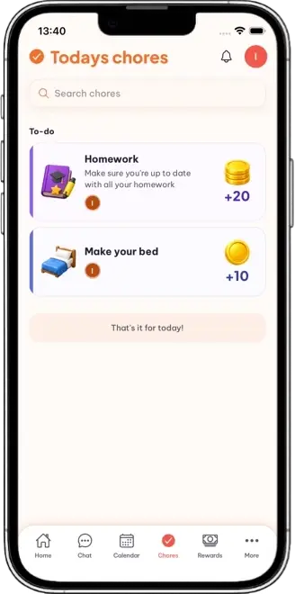 Doorstep on an iPhone, showing a chore being ticked off and coins awarded