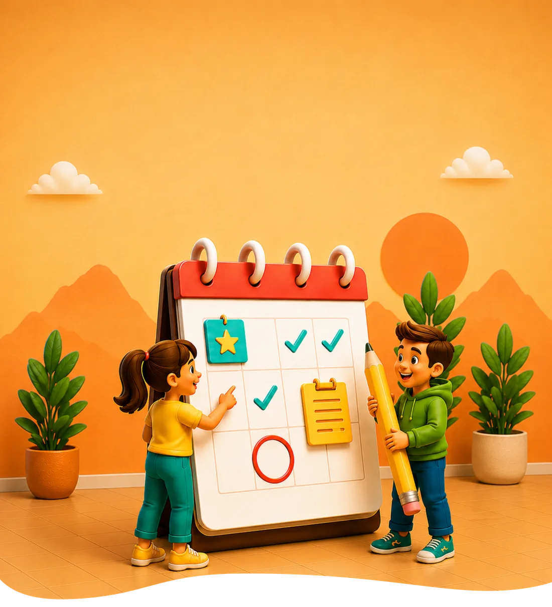 Two children marking up a big family calendar